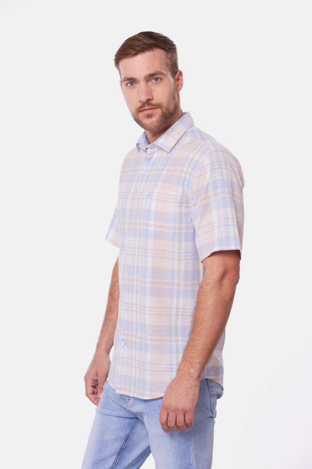 CAMISA DE LINO A CUADROS Rosado