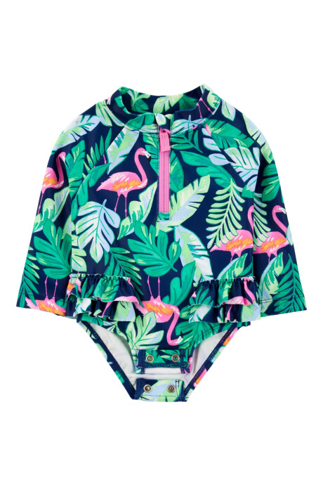 Malla de baño una pieza, manga larga, con protección UPF 50+, diseño flamencos Sin color