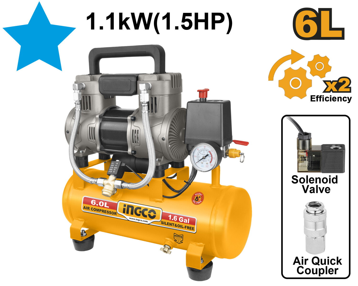 COMPRESOR 6LT 1.5HP LIBRE DE ACEITE BAJO RUIDO INGCO ACS111062 