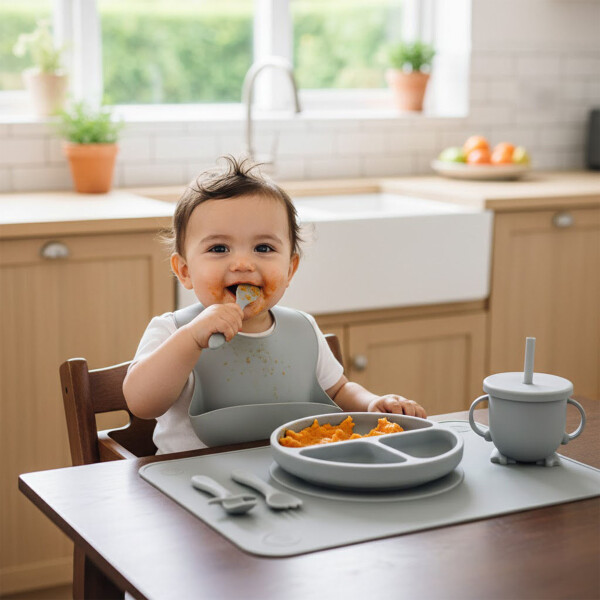 Set Alimentación Bebé Platos Silicona Libre Bpa 10 Piezas Color Gris