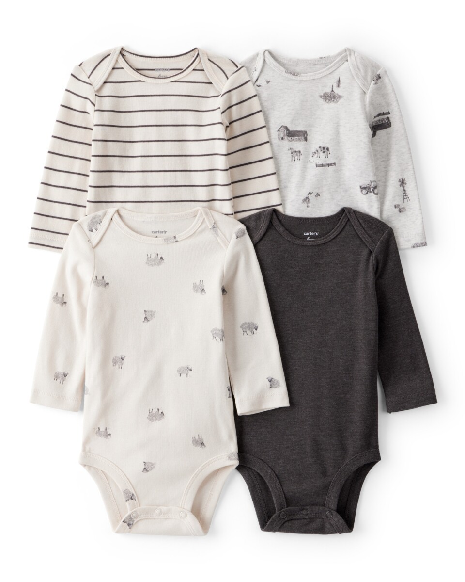 Pack cuatro bodies de algodón, diseño granja 