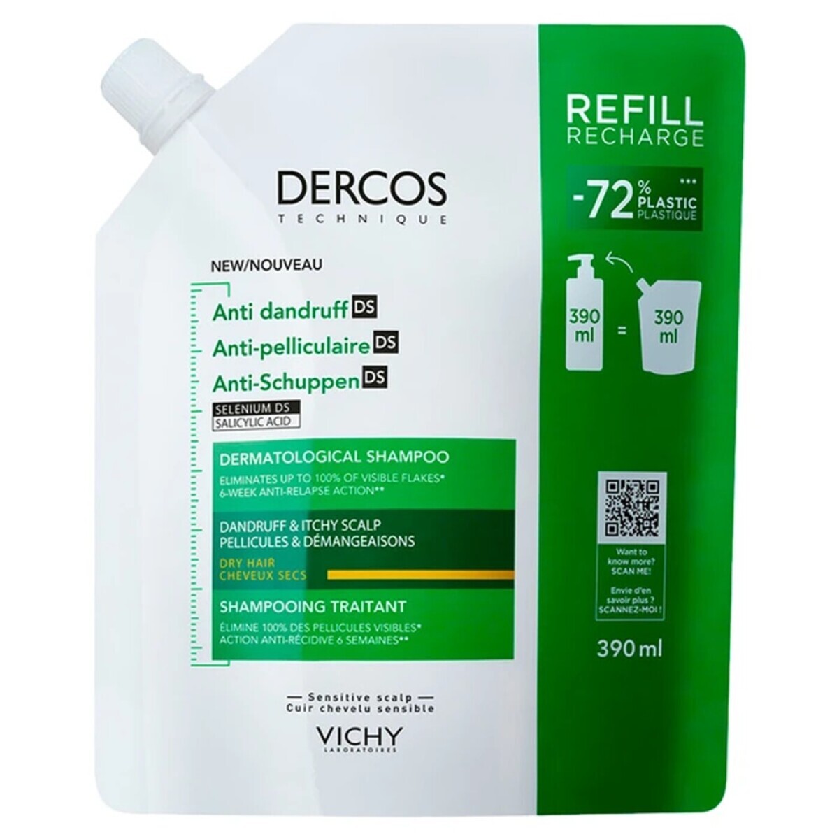 Repuesto Shampoo Dercos Anticaspa Cabello Seco 390 ml – Vichy 