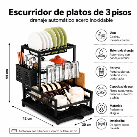Escurridor Platos 3 Pisos Drenaje Automatico Porta Cubiertos Negro