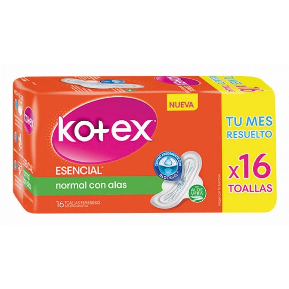KOTEX Toallas Higiénicas Normal con Alas 16 Unidades – Alta Absorción 
