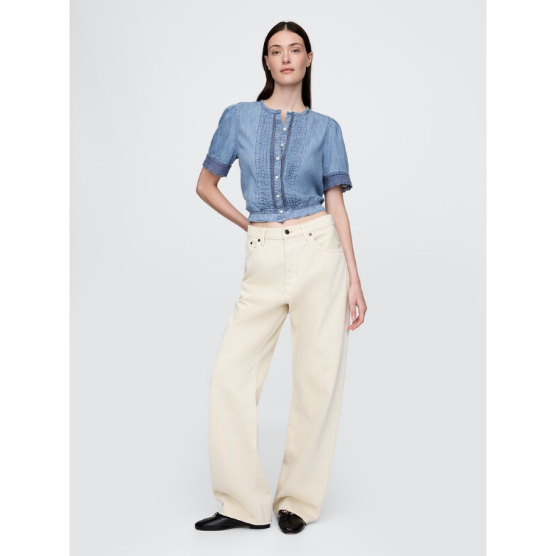 SS LACE INSERT FASHION SHIRT - DENIM LIGHT WASH