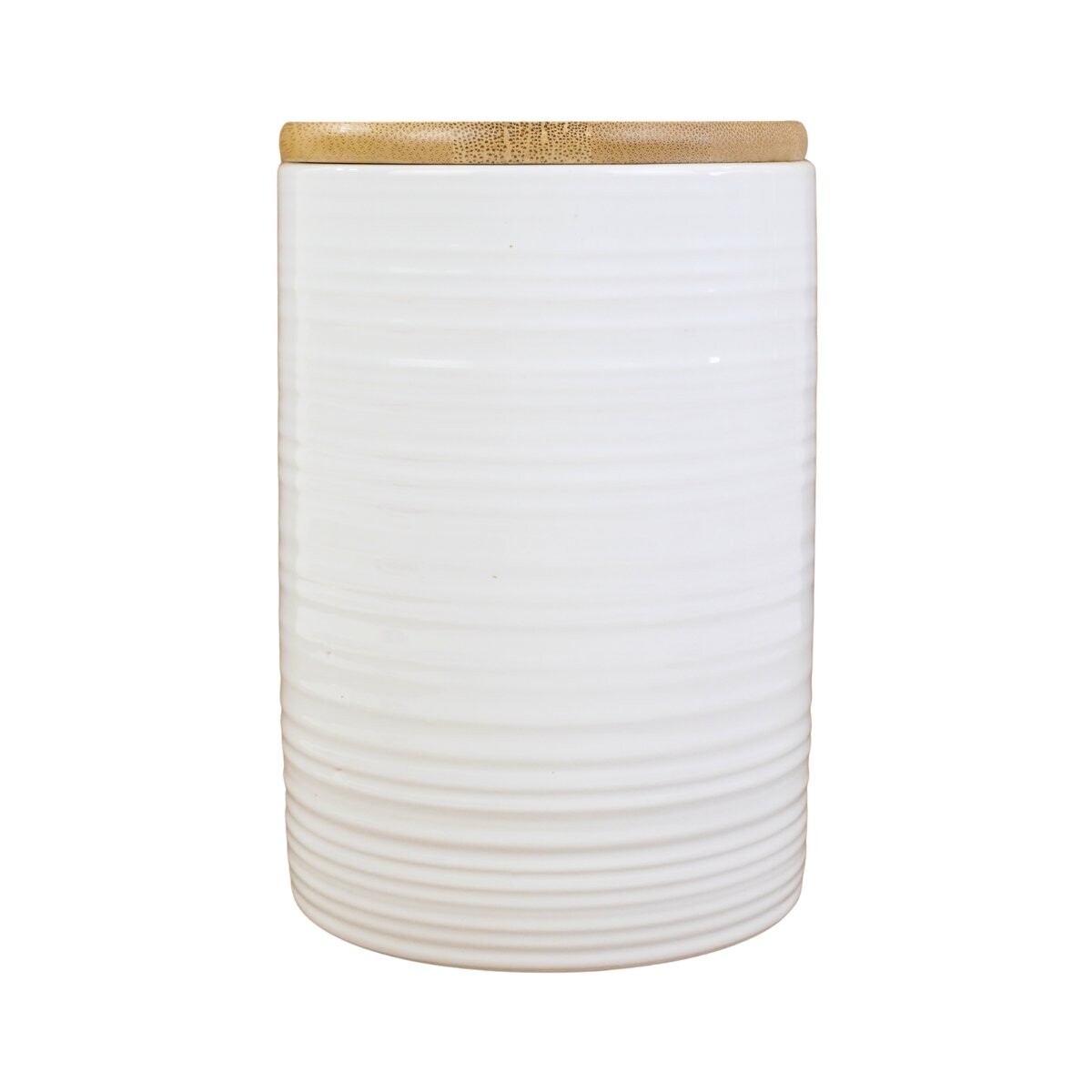 Recipiente de ceramica blanca con tapa de madera 