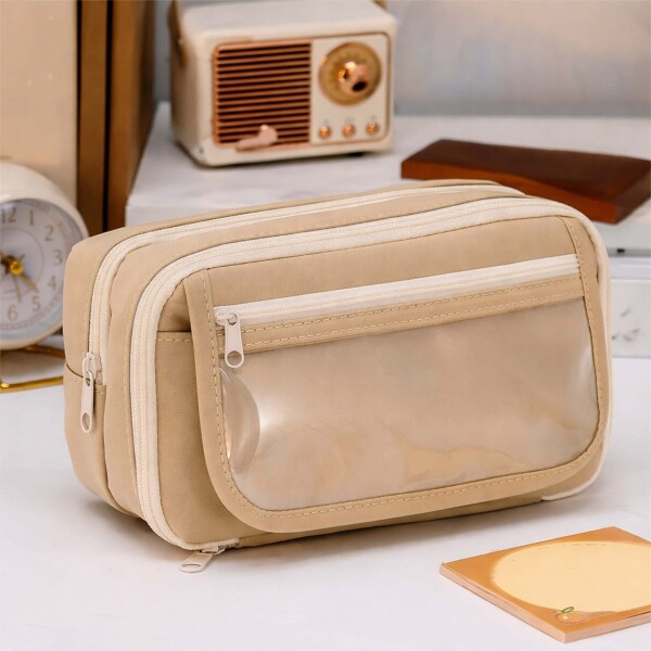 Cartuchera Organizador Escolar Grande Triple Cierre Bolsillo Color Beige