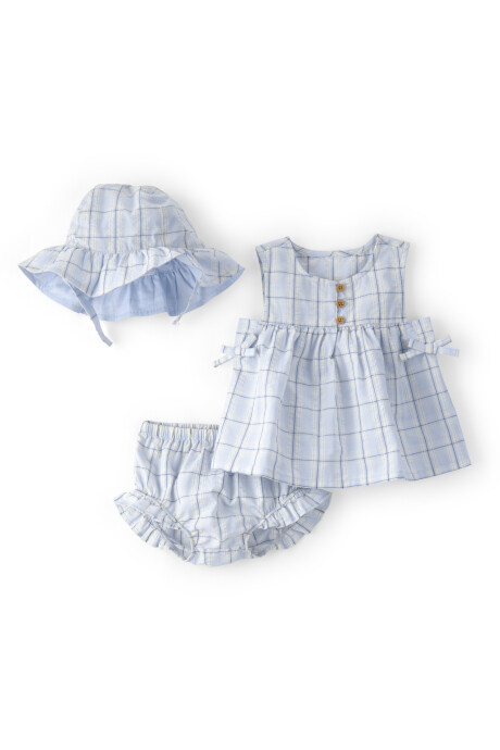 Set tres piezas de algodón, short, musculosa y gorro, azul, diseño a cuadros Sin color
