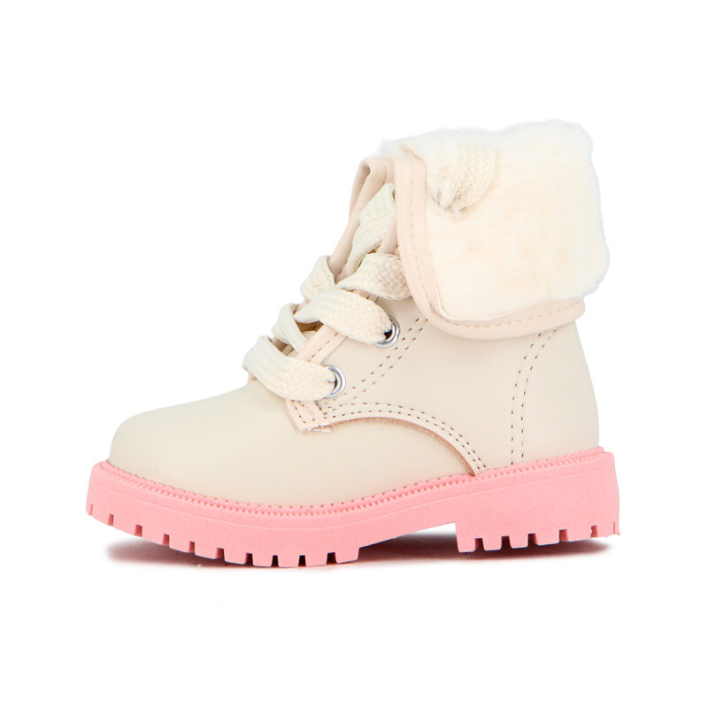 Molekinha Bota Acordonada Con Pliege De Peluche Blanco-rosa Claro