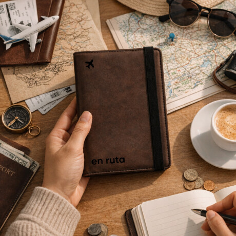 Porta pasaporte y tarjetas plegable Marron