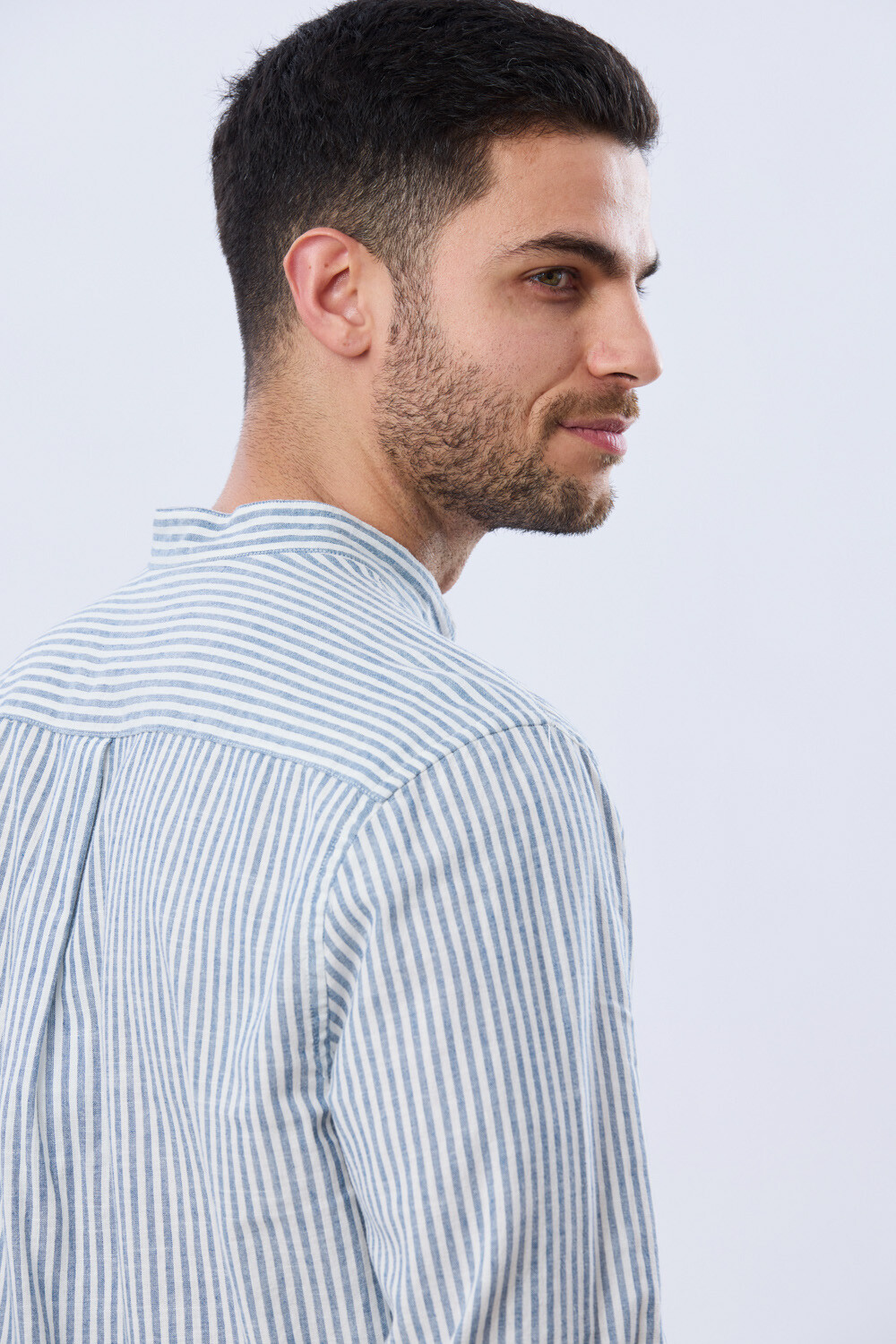CAMISA RAYADA DE LINO CUELLO MAO Denim