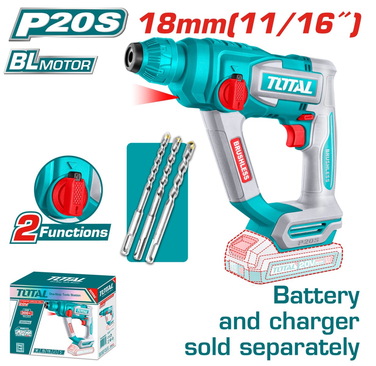 Rotopercutor 20v sin carbones sin bateria sin cargador + set de 3 brocas total TRHLI20188 