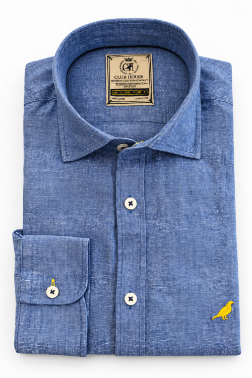 Camisa lino Short Collar Blue