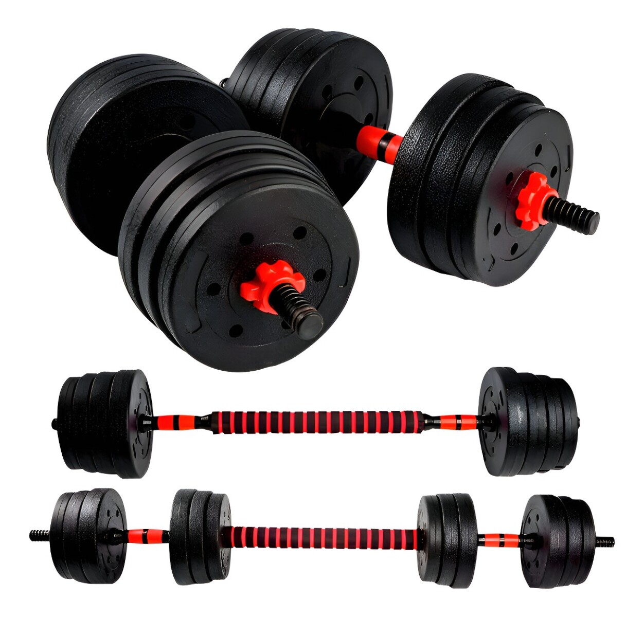 SET 2 MANCUERNAS + BARRA 3 EN 1 + 20 KG DISCO PESA PVC 