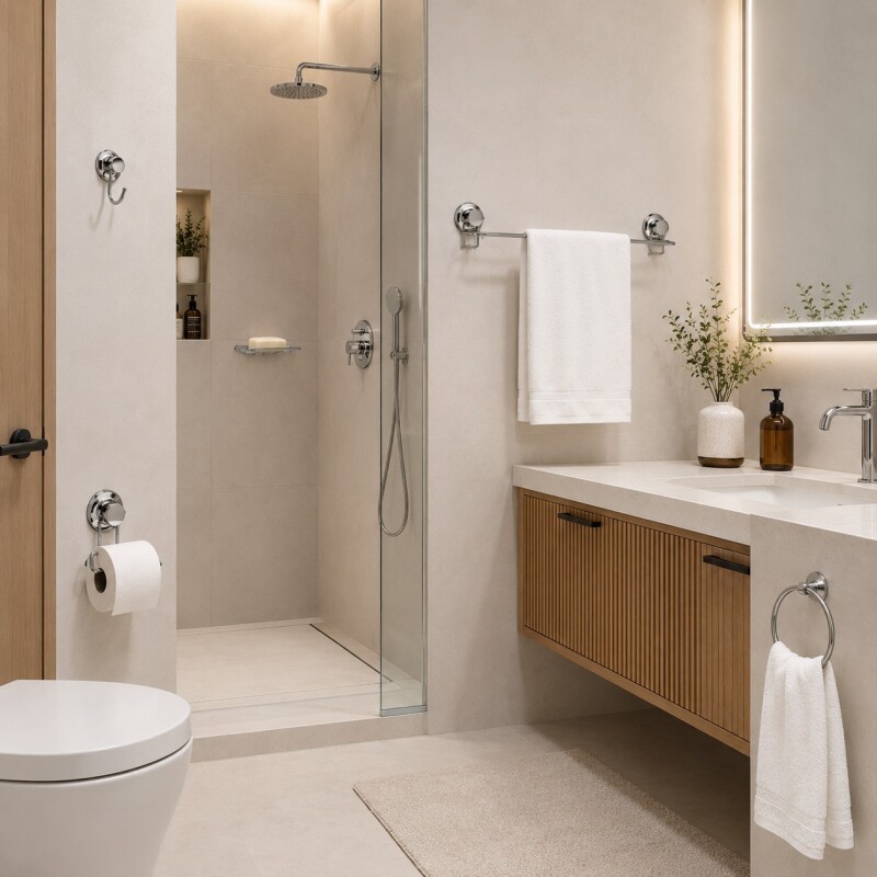 Conjunto de Accesorios 5 Piezas para Baño con Ventosa en Acero de Carbono Future - Plata Conjunto de Accesorios 5 Piezas para Baño con Ventosa en Acero de Carbono Future - Plata