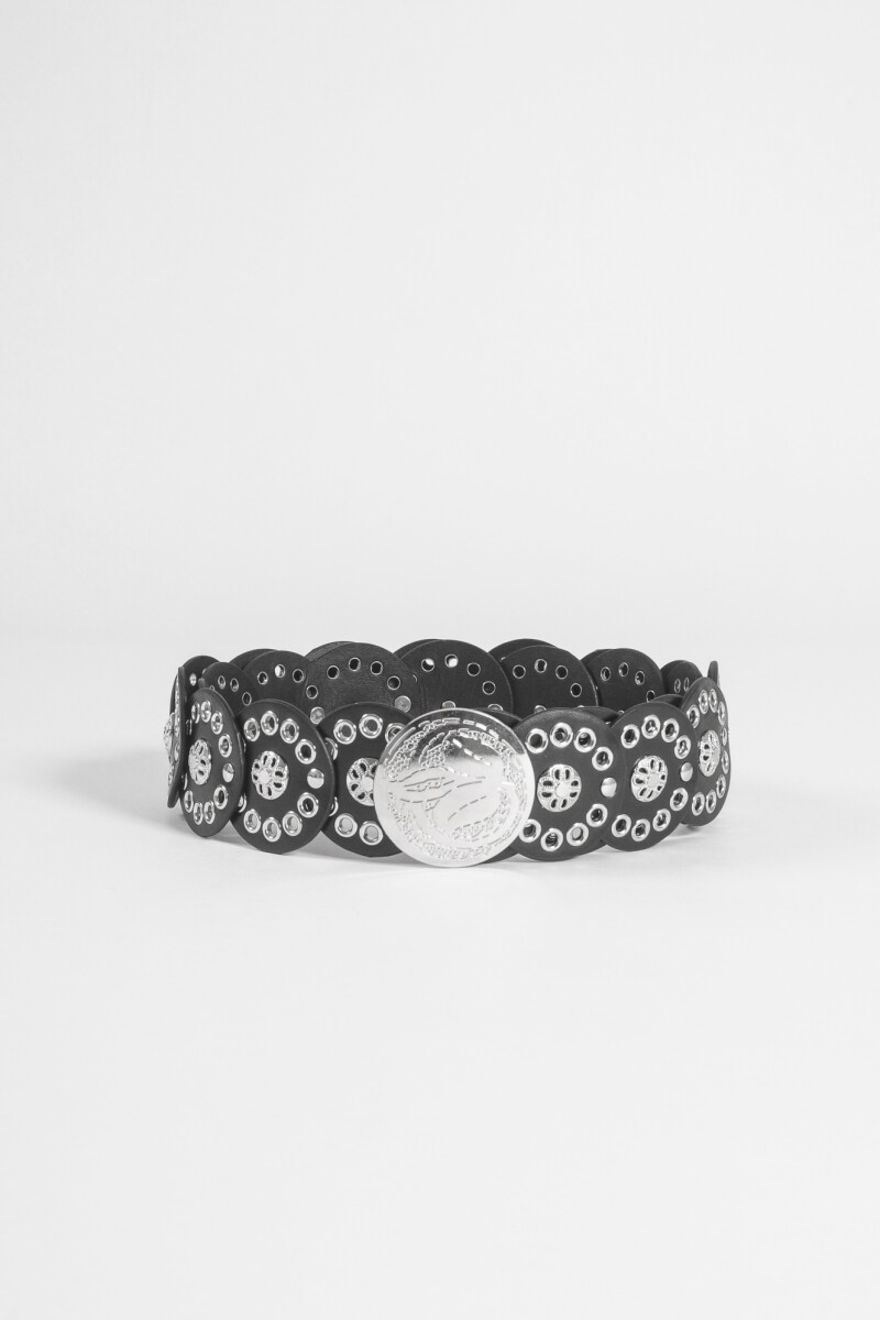 Cinturón diseño circular hebilla medalla negro