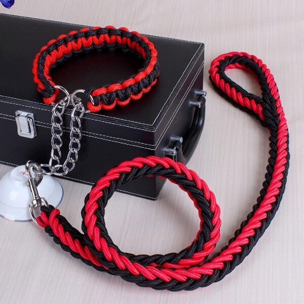 Correa Collar Reforzado Perros Semi Ahorque Cuerda Trenzada Variante Color Rojo y Negro