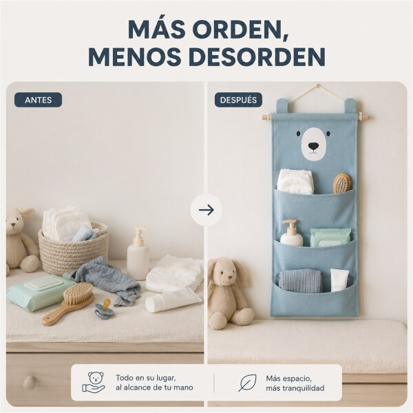 Organizador Colgante Osito Con 3 Bolsillos Para Bebé 60x20cm Azul