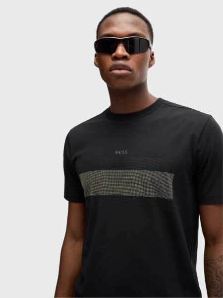 BOSS Camiseta de Algodón Elástico con Arte de Bandera Negro