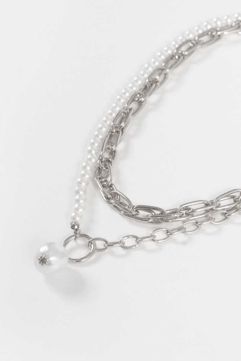 Collar multiple cadenas con perla plateado