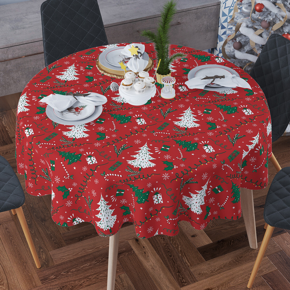 Mantel Bukara Peva Redondo 160 cm - Navidad Árbol Rojo 