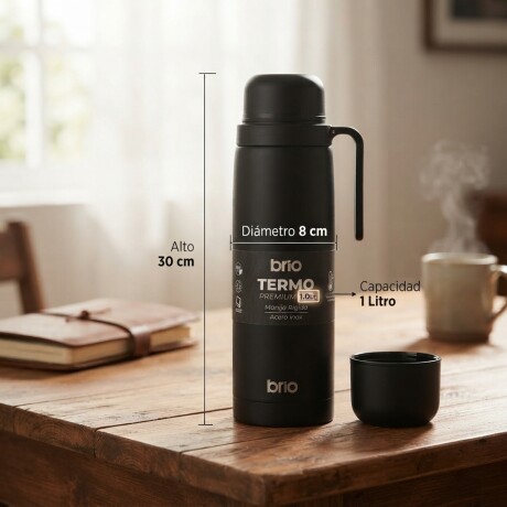 Termo brío premium 1 litro con pico cebador en acero inox Negro
