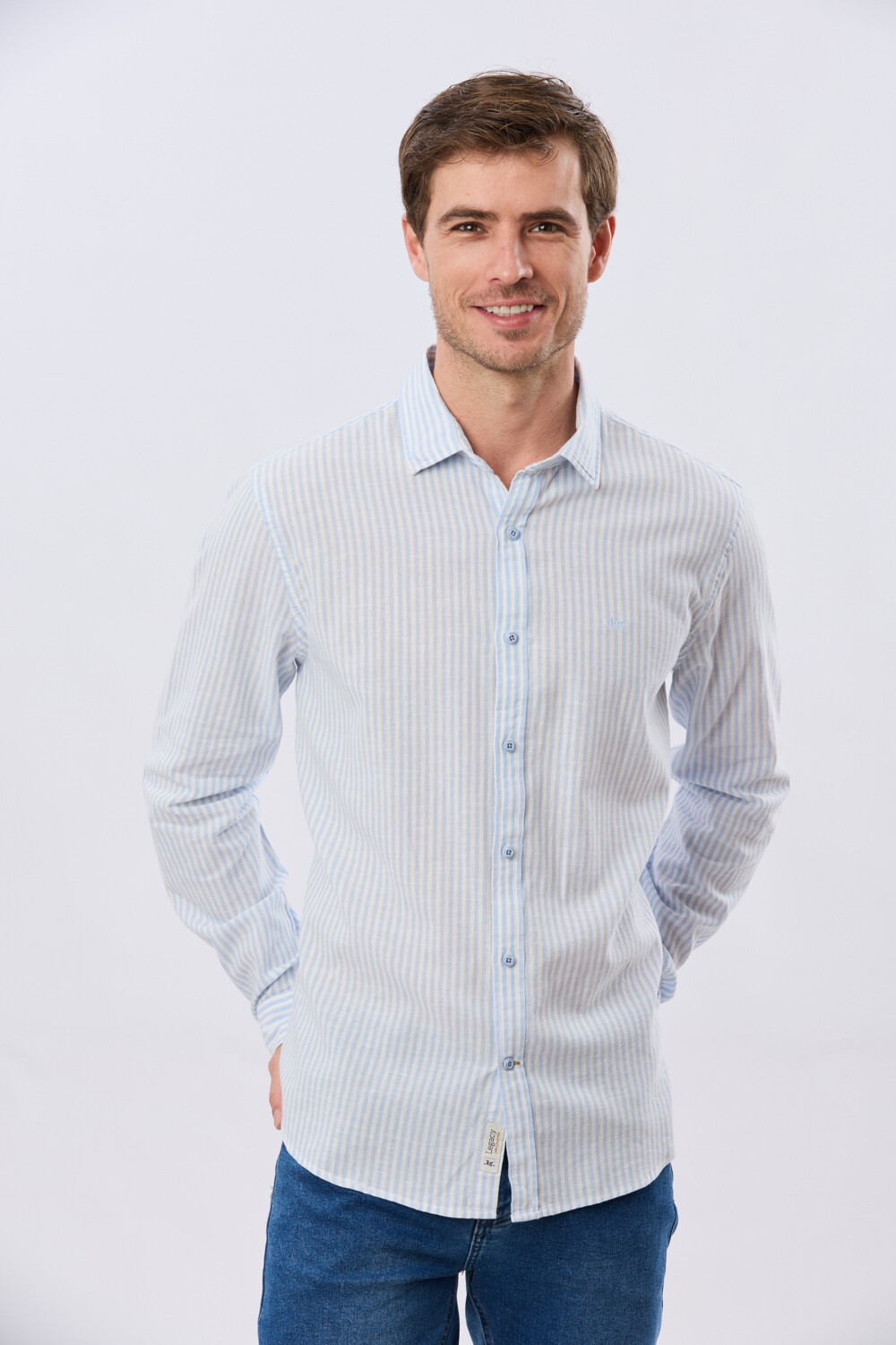 CAMISA RAYADA DE LINO Celeste