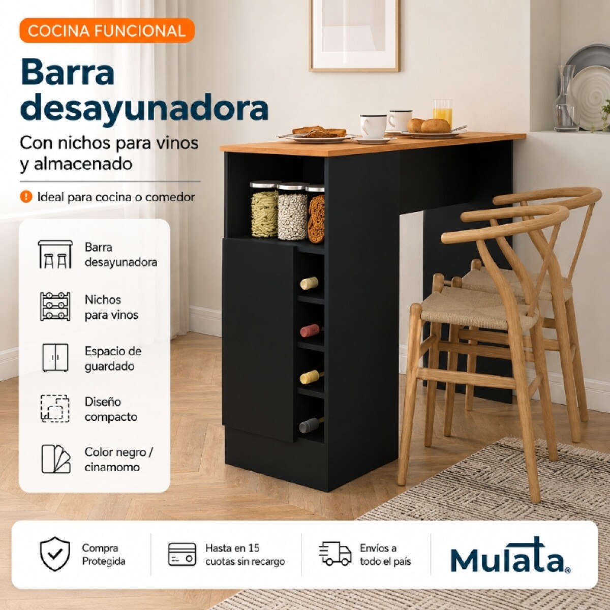 Mueble Barra de Cocina Desayunadora Con Nichos Para Vinos Y Almacenado - Negro / Cinamomo 