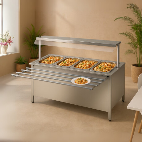 Mesa Buffet Caliente Interior Calefaccionado de Acero Inoxidable 150 x 70 x 85 cm 4 GN 1/1 Mesa Buffet Caliente Interior Calefaccionado de Acero Inoxidable 150 x 70 x 85 cm 4 GN 1/1