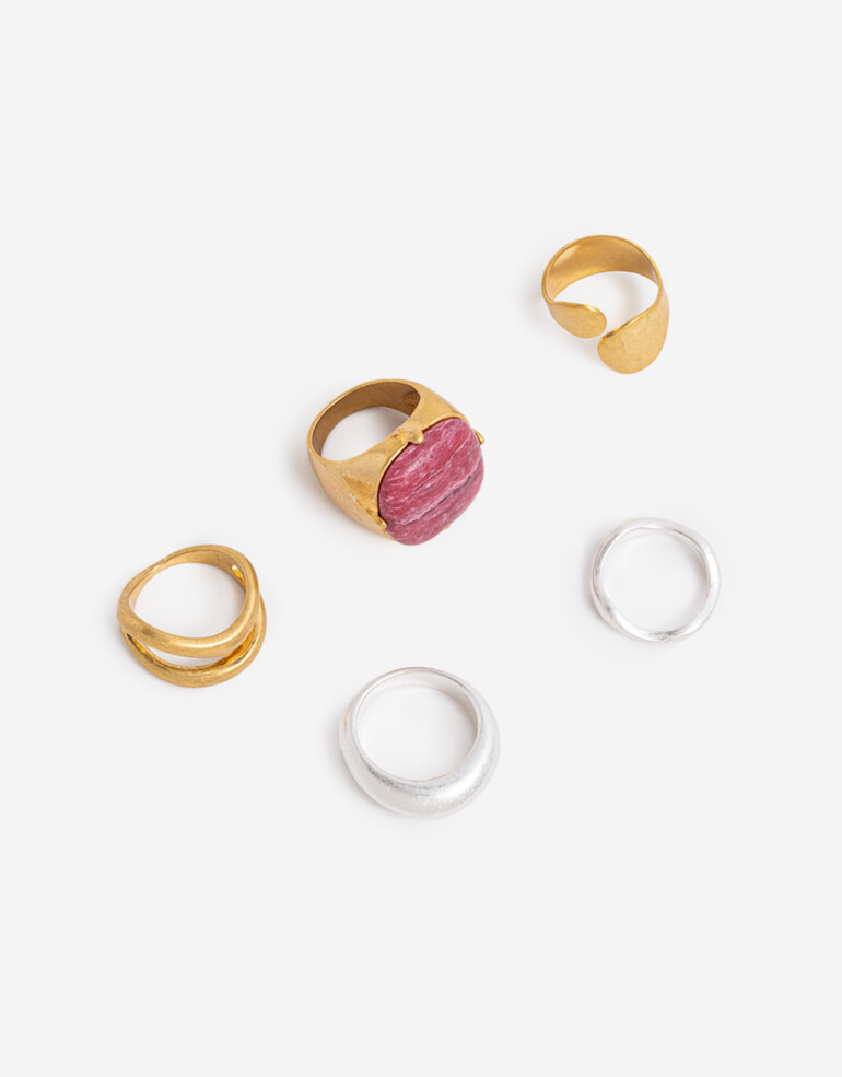 Sets Anillos Piedra Set Anillos Metal Y Piedra - Dorado Oro Cepillado Mate