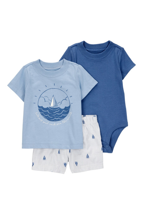 Set tres piezas de algodón, short, remera y body, diseño velero Sin color
