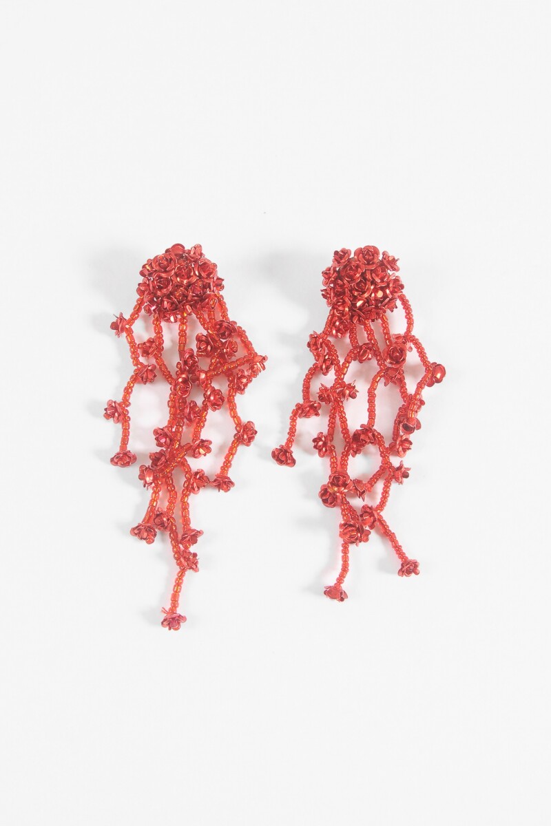 Caravanas larga flor detalles mostacillas rojo