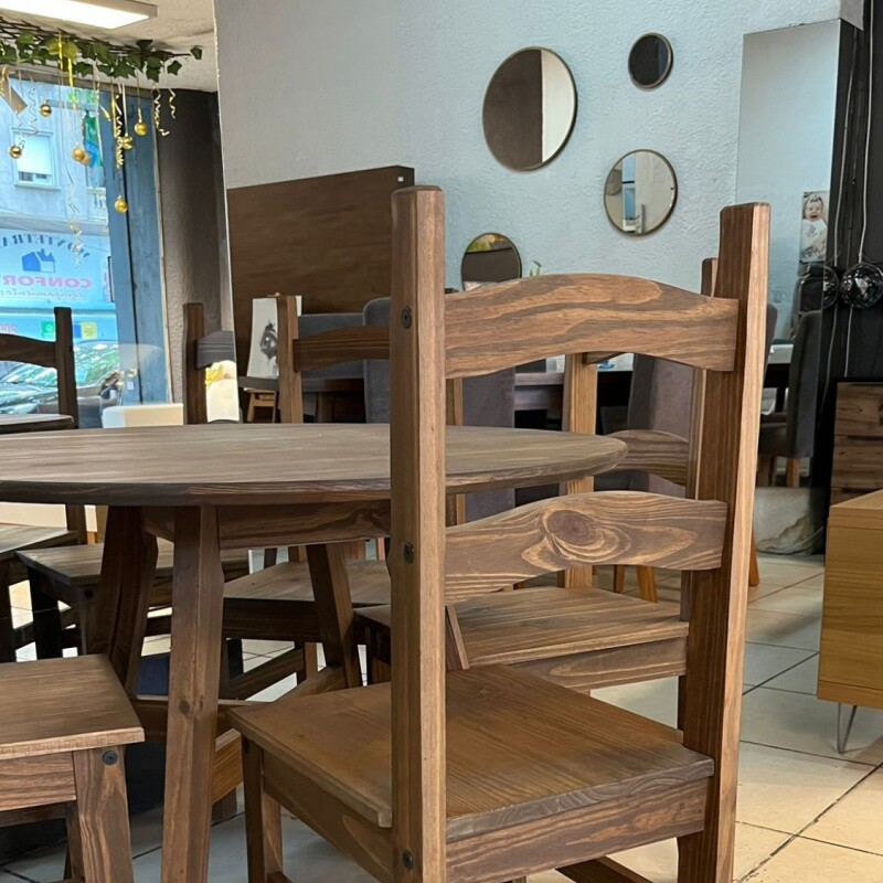 Juego de Comedor Estilo Mexicano Madera Maciza | Mesa Redonda + 4 Sillas Juego de Comedor Estilo Mexicano Madera Maciza | Mesa Redonda + 4 Sillas