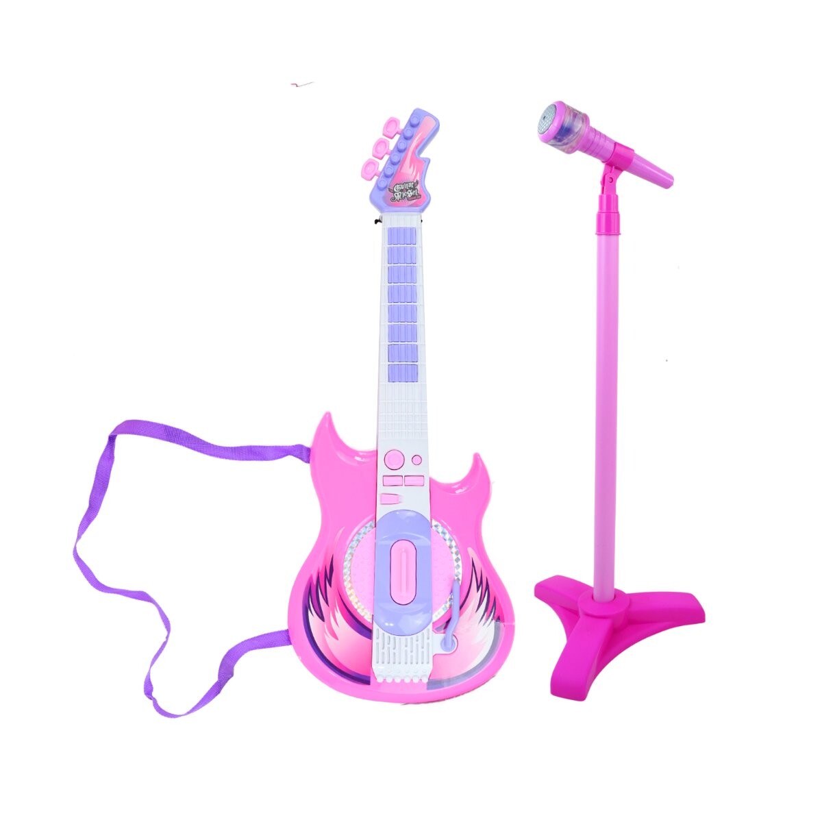 Guitarra electrica + microfono con pie rosado 