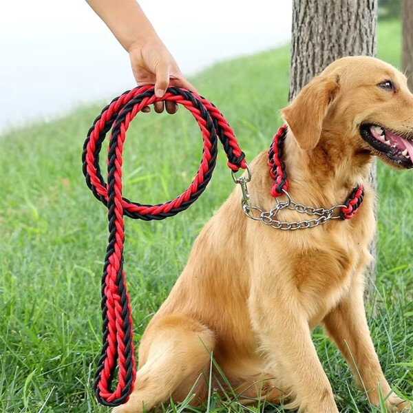 Correa Collar Reforzado Perros Semi Ahorque Cuerda Trenzada Variante Color Rojo y Negro