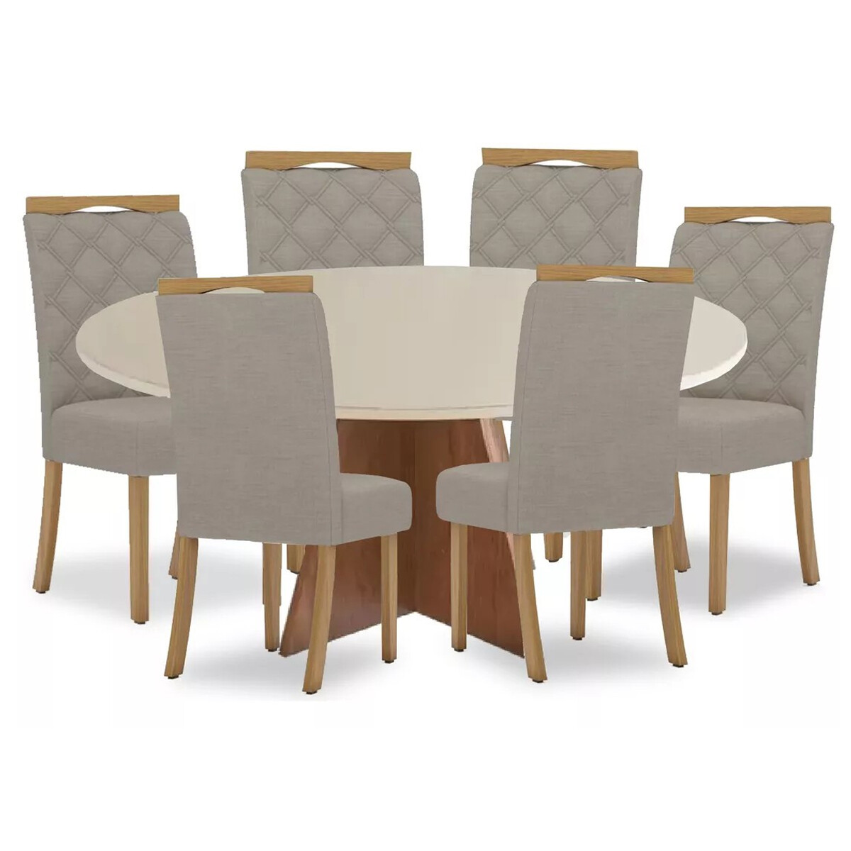 Juego de comedor mesa en madera maciza, tapa circular - 6 sillas tapizadas 