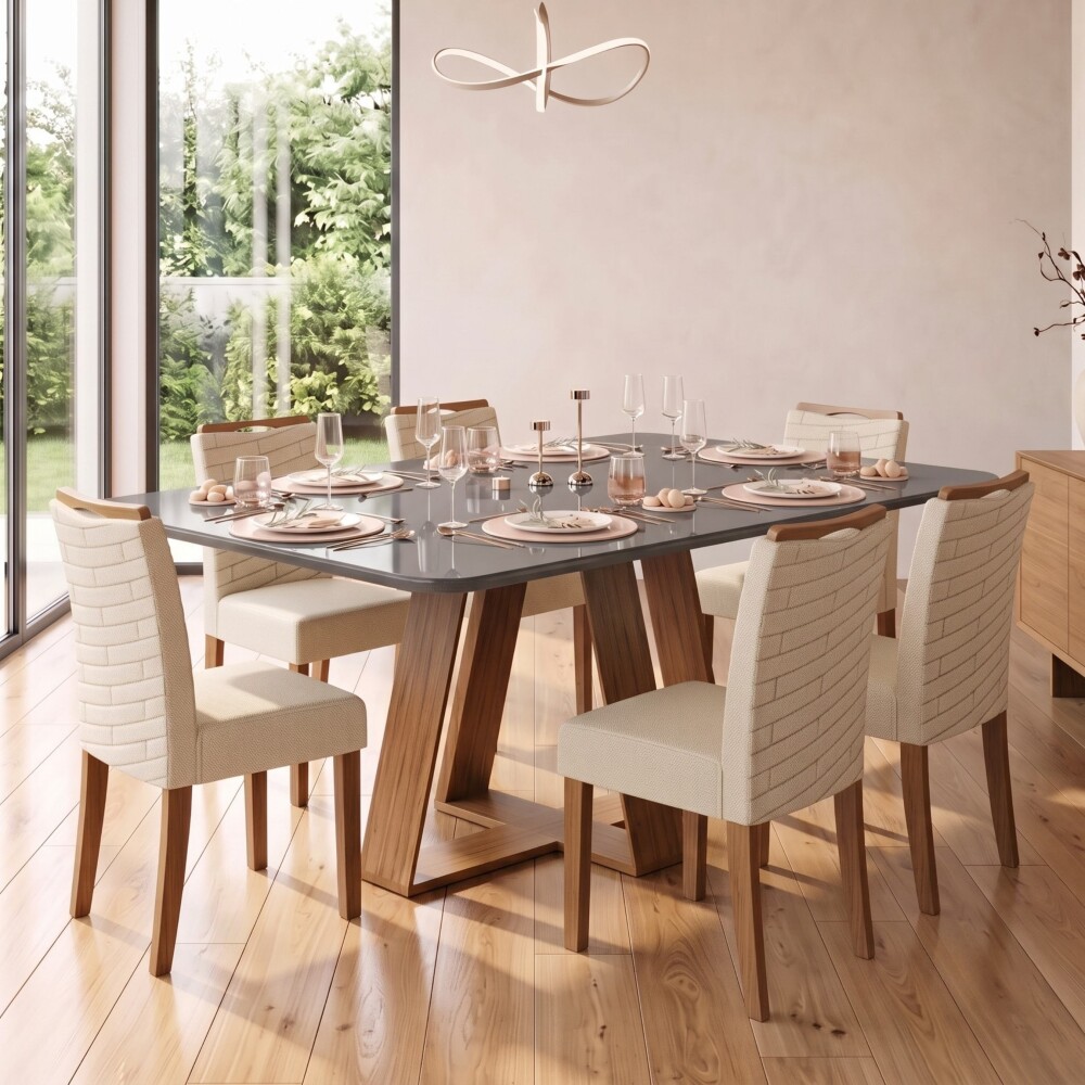 Juego De Comedor - 6 Sillas + Mesa Vidrio - Celeste Blanco / gris