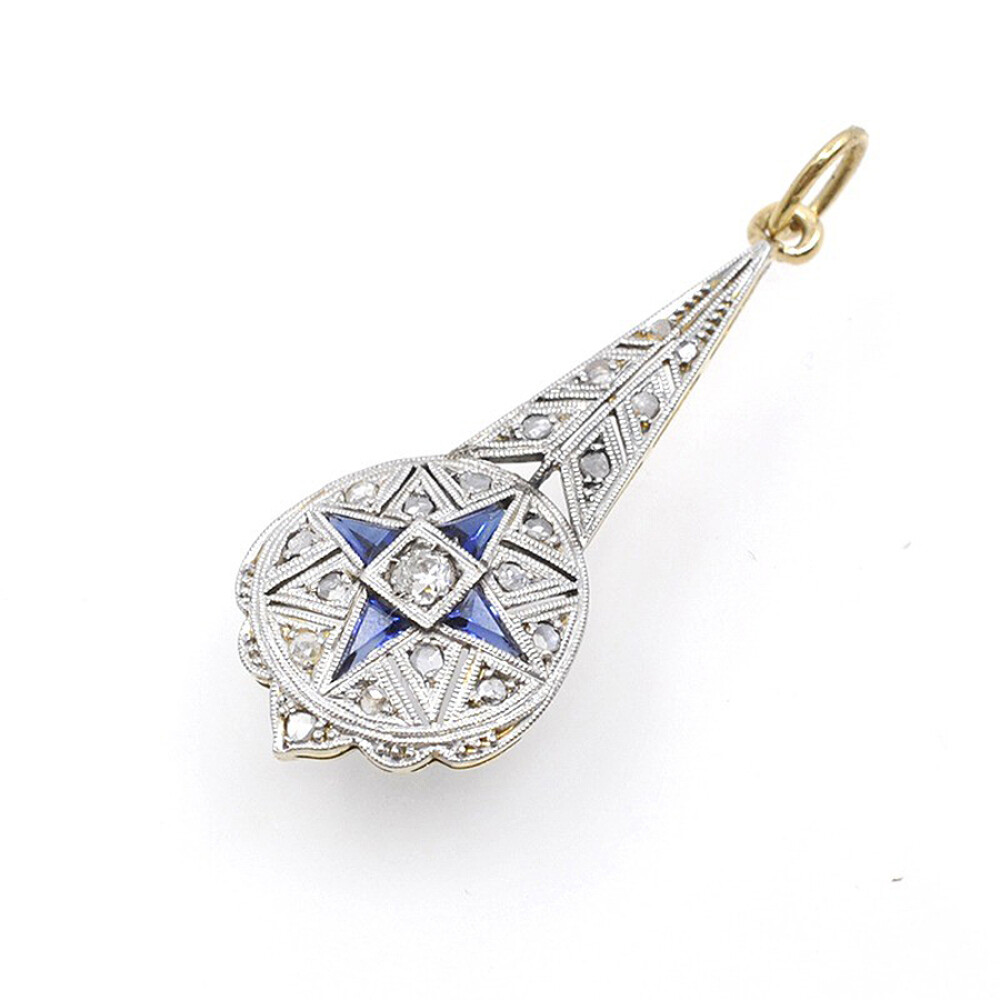 Colgante Antiguo En Oro 18K, Brillantes, Diamantes Y Zafiros Sinteticos Colgante Antiguo En Oro 18K, Brillantes, Diamantes Y Zafiros Sinteticos