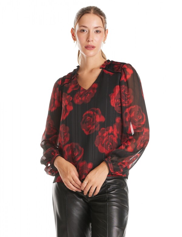 Blusa Gasa Flores NEGRO/ROJO