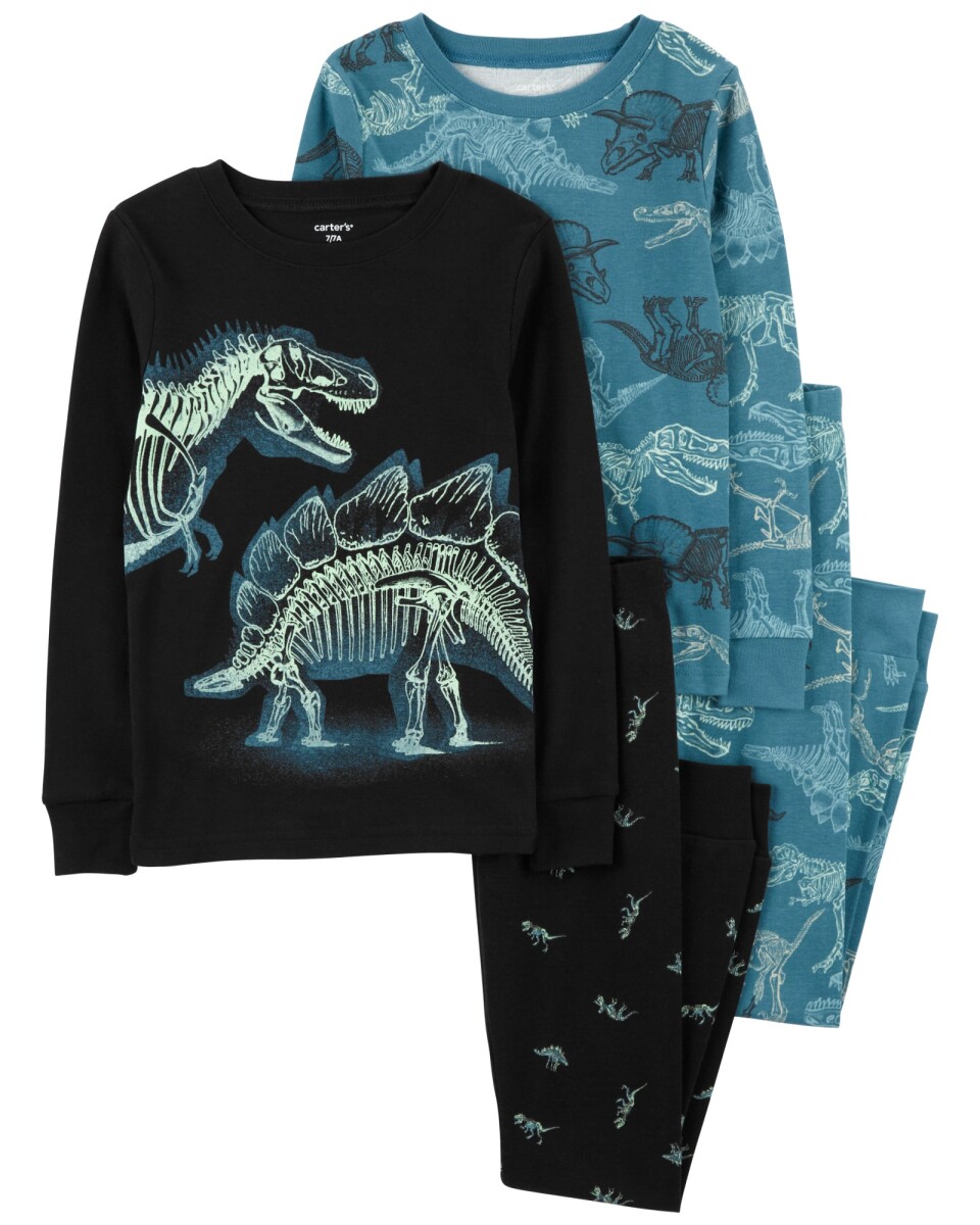 Pijama cuatro piezas de algodón, dos pantalones y dos remeras, diseño dinos 