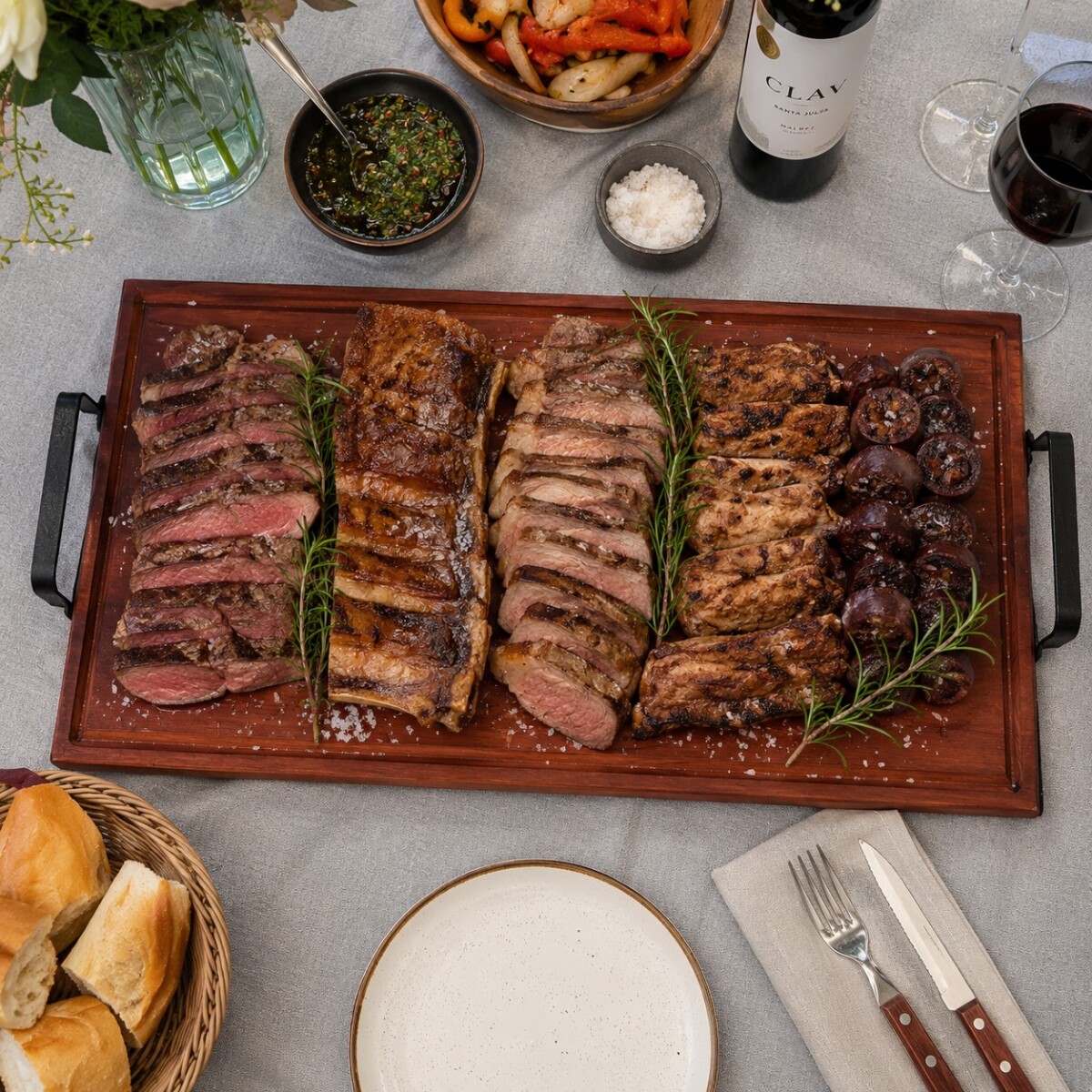 Bandeja de Madera Artesanal de Eucalitpo Rojo Con Asas de Hierro -Grande 