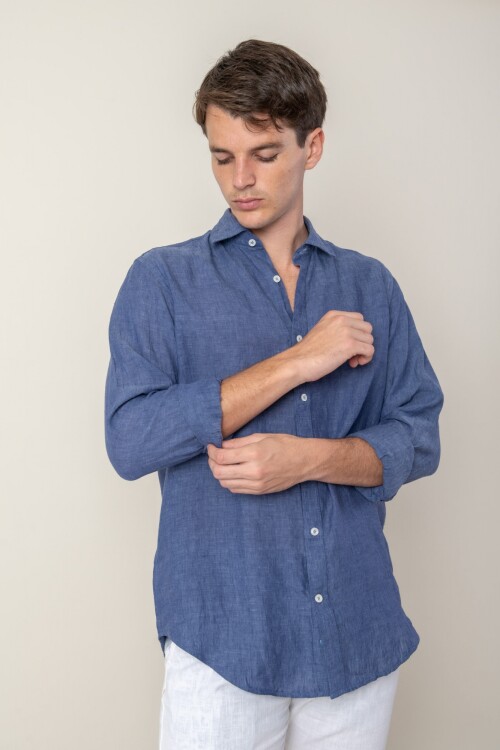 Camisa short collar lino Azul