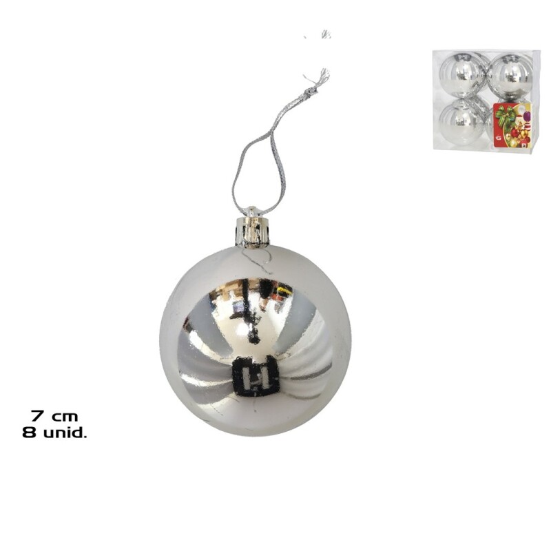 Esferas Navideñas Plata/Brillo 7 cm – Caja x8 GE CAJA 8 BOLAS DE NAVIDAD BRILLO PLATA 7CM