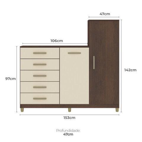 Comoda Cajonera Rack TV 46" de 5 cajones 2 puertas 1 perchero y 3 estantes internos para Dormitorio o Living - FE - R/Champán Comoda Cajonera Rack TV 46" de 5 cajones 2 puertas 1 perchero y 3 estantes internos para Dormitorio o Living - FE - R/Champán