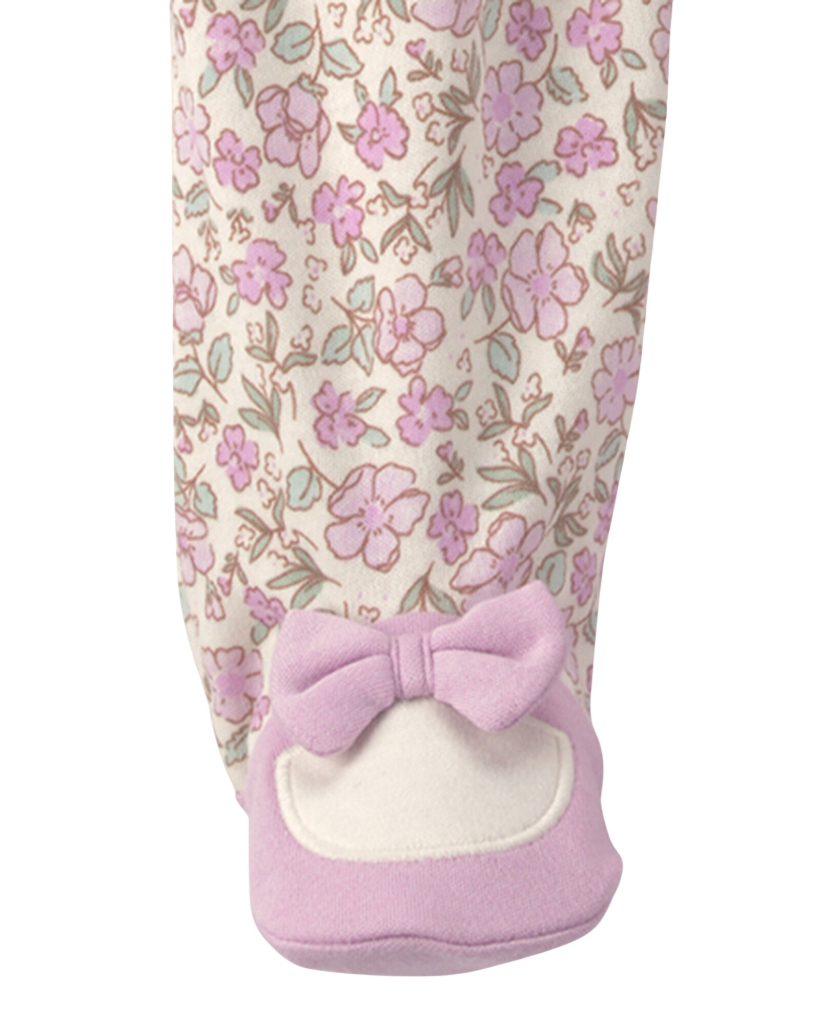 Pijama una pieza de algodón, con pie, lila y crema, diseño floral Pijama una pieza de algodón, con pie, lila y crema, diseño floral