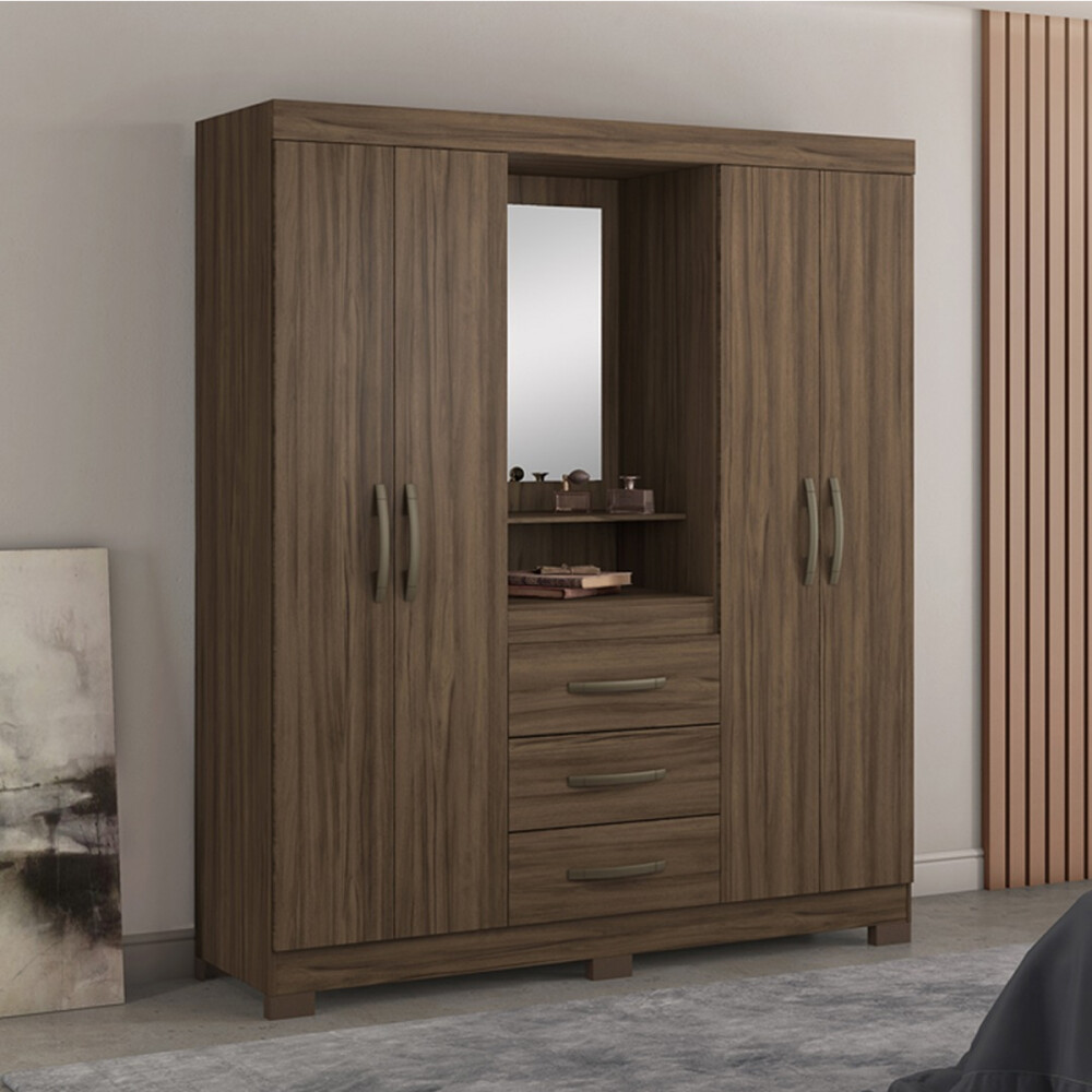 ROPERO 4 PUERTAS 3 CAJONES GUARDARROPA ARMARIO PLACARD CLOSET CON ESPEJO Y ESPACIO DE TOCADOR MARRON