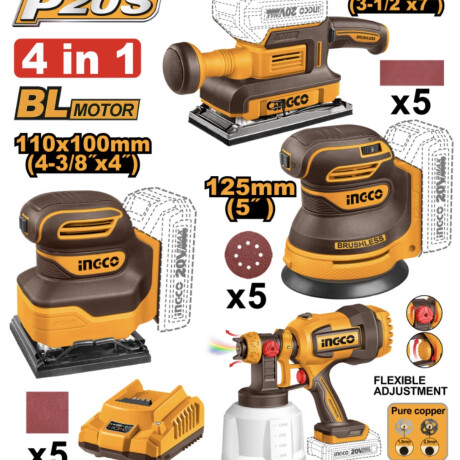 KIT COMBO A BATERIA INGCO P20S BRUSHLESS 3 LIJADORAS + 1 PISTOLA DE PINTURA + 2BAT, CARGADOR Y ACCESORIOS COSLI250383 KIT COMBO A BATERIA INGCO P20S BRUSHLESS 3 LIJADORAS + 1 PISTOLA DE PINTURA + 2BAT, CARGADOR Y ACCESORIOS COSLI250383