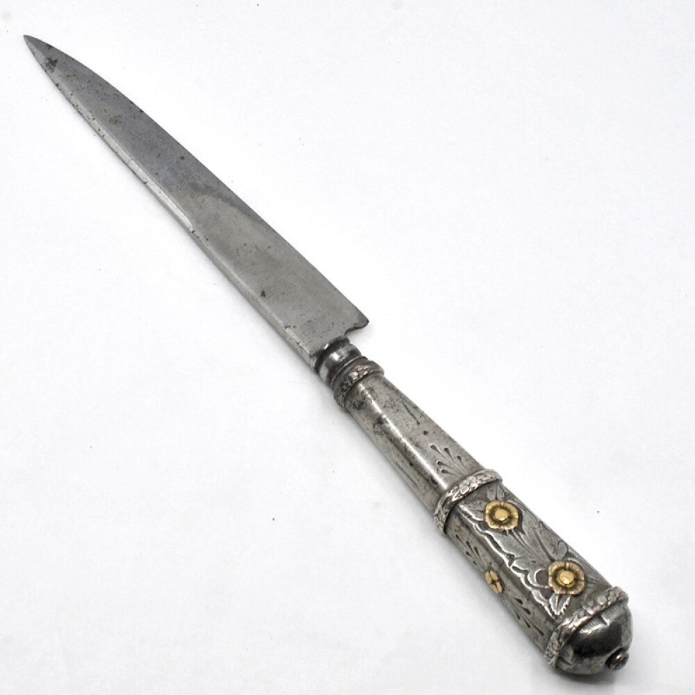 Cuchillo Antiguo Plata Y Oro, Hoja J.M Mailhos " Cazador Al Filo" Acier Fondu, Vaina Cuero Cuchillo Antiguo Plata Y Oro, Hoja J.M Mailhos " Cazador Al Filo" Acier Fondu, Vaina Cuero