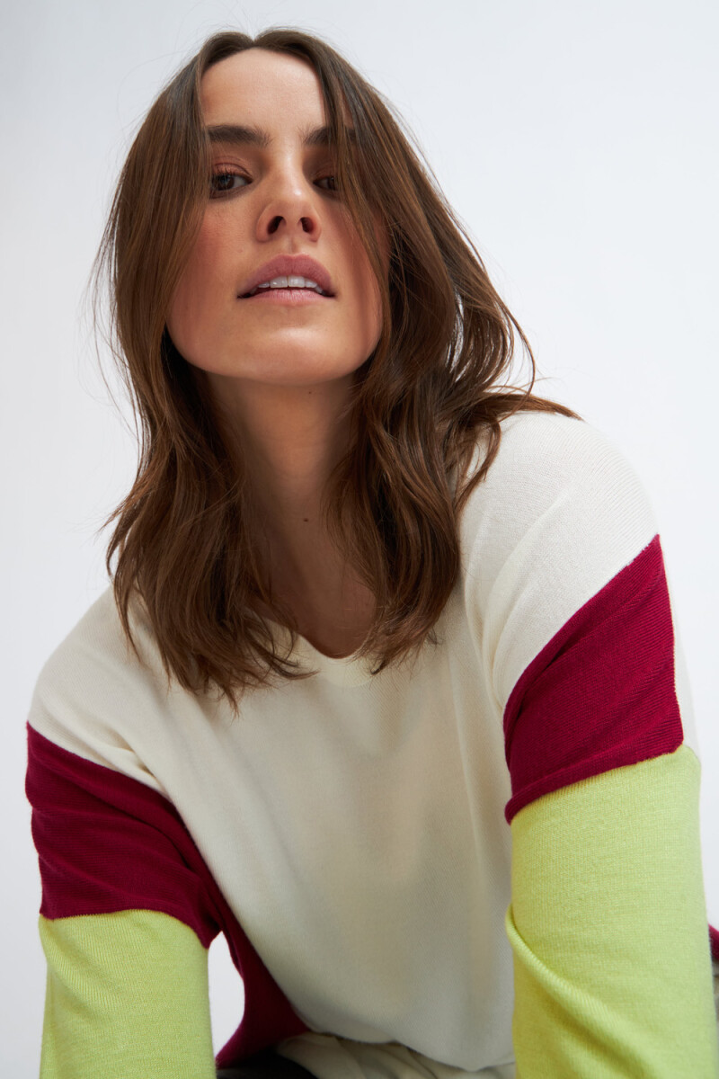 Sweater de punto combinado - Verde - Fuccia - Crudo 