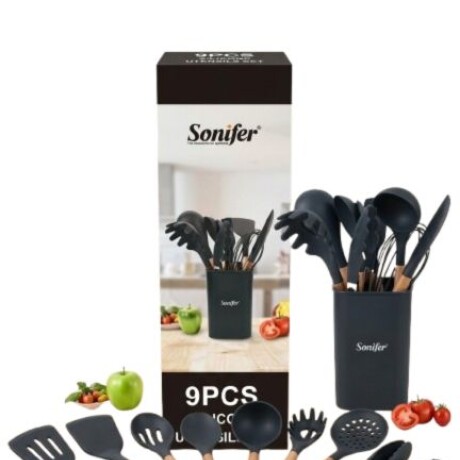 Set Utensilios Cocina Sonifer Silicona Mango Madera 9 Piezas Negro